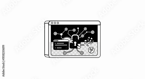 A digital security concept with a broken lock and abstract network connections