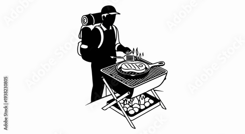 Silhouette of a backpacker grilling a steak outdoors