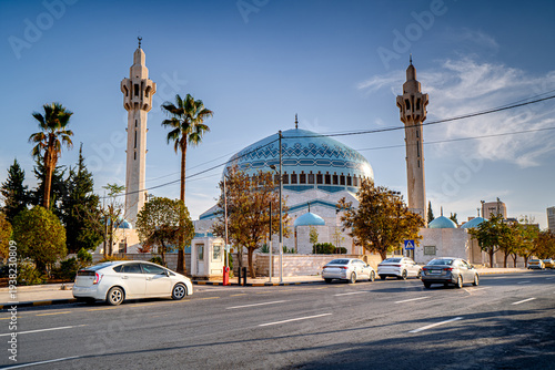 King Abdullah I Mosque in Amman, Jordan. Cars in front beautiful Islamic Temple in Jordan, Middle East.