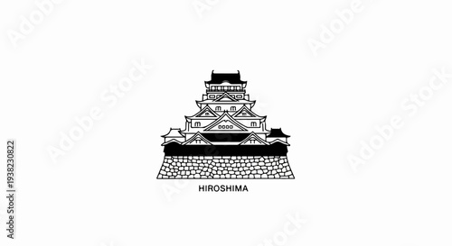 Stylized illustration of a Japanese castle with stone base and text