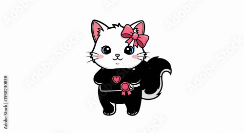 Adorable cartoon cat with skunk markings, wearing a pink bow and heart