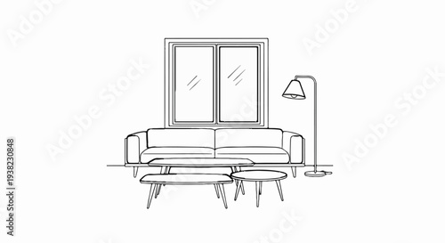 A minimalist line drawing depicts a living room setup with a sofa, tables, window, and floor lamp