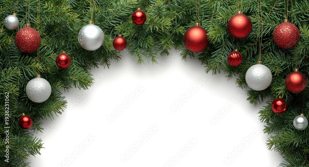 Fototapeta premium Christmas wide arch border featuring lush fir branches and bright red silver baubles on white background