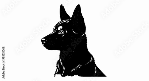 Stylized black dog profile with alert ears and watchful eye
