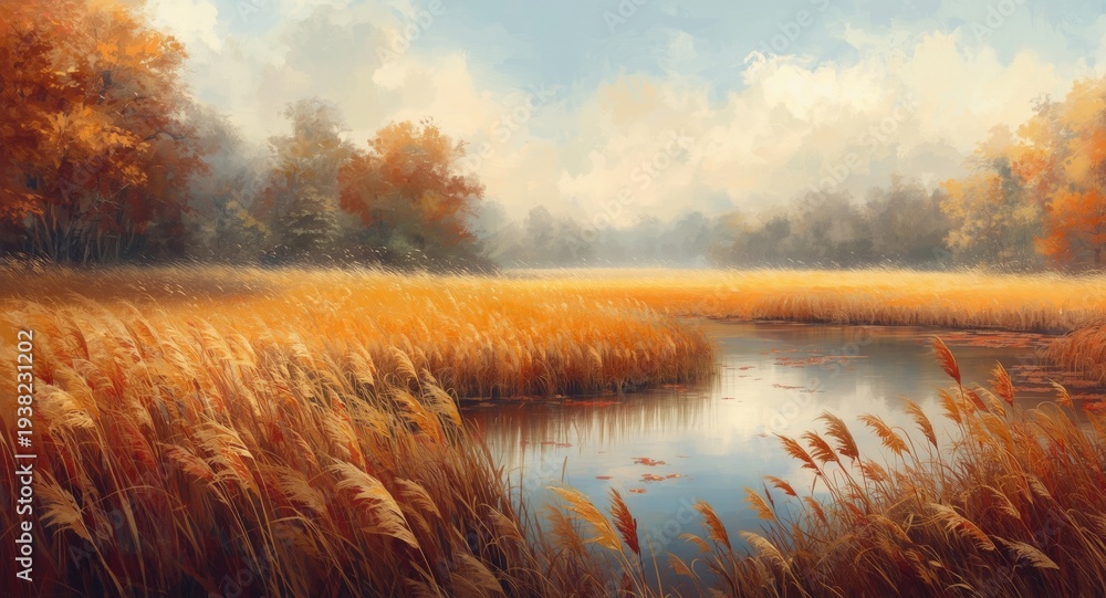 Fototapeta premium Artwork portraying an autumn field with gentle wind moving tall grass and a reflective lake