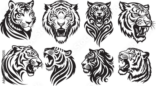 Set of 9 roaring tiger heads in black and white vector illustration flat design