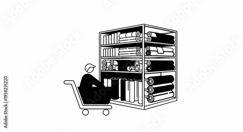 Person in cart near shelves stocked with rolled and folded materials