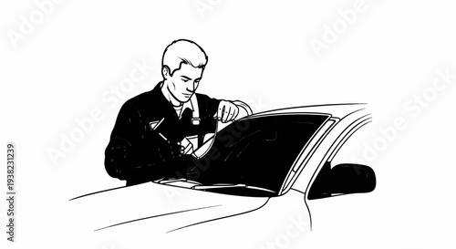 Mechanic examines car windshield with tools, sketching on paper