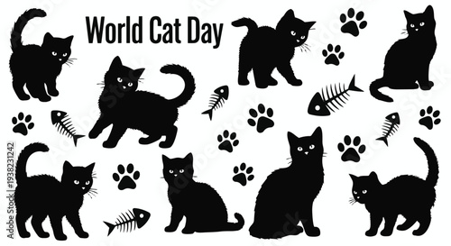 Black silhouettes of cats, fish, and paw prints on world cat day