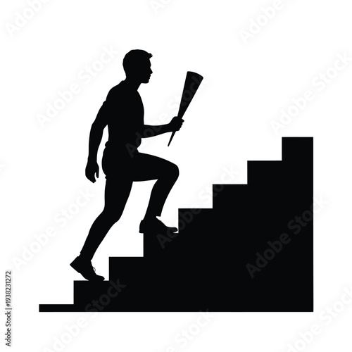 Silhouette of a man climbing stairs while holding a megaphone