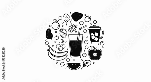 Fresh fruit smoothie ingredients and preparation tools arranged circularly