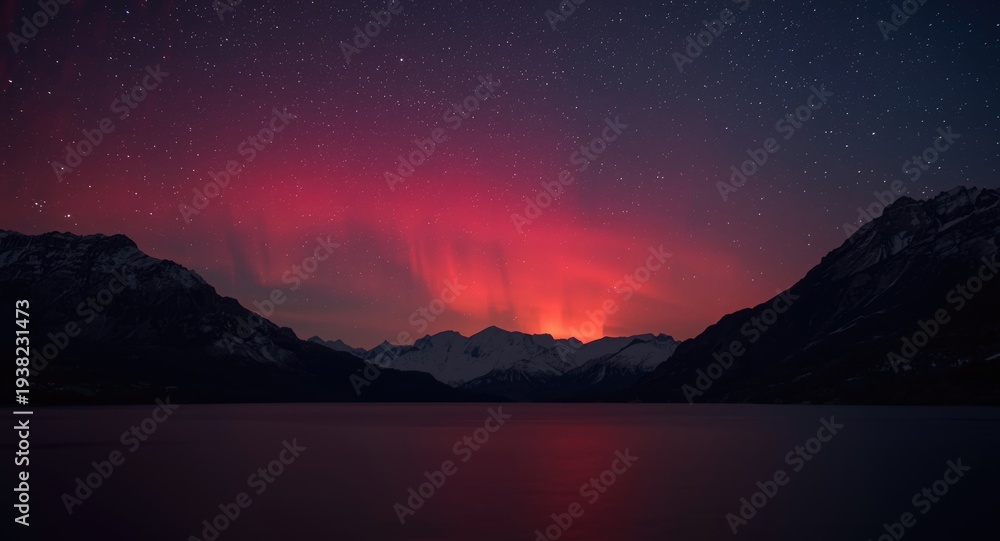 Fototapeta premium Brilliant red aurora shining above dark mountainous terrain and quiet water under night sky