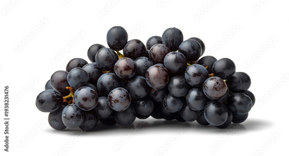 Fototapeta premium Clustered black grapes including stems on white plain background