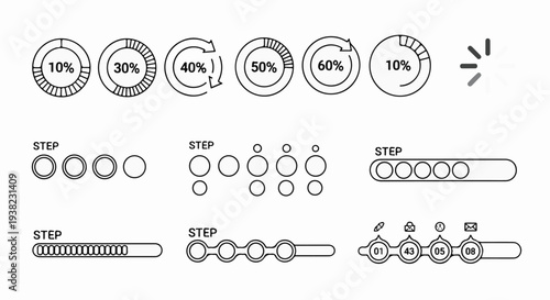 Collection of loading spinners, progress bars, and step indicators