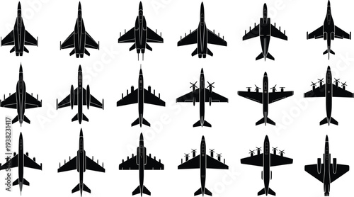Grid of military aircraft silhouettes featuring jet fighters, bombers, and propeller planes viewed from above highlighting aviation diversity and design comparison