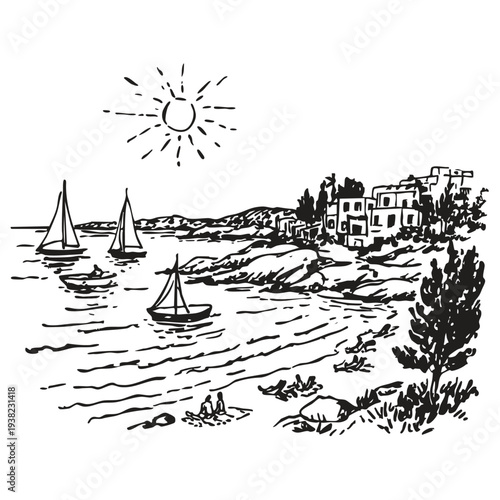 Black and white hand drawn sketch of Mediterranean bay with sailboats and beach, vector illustration