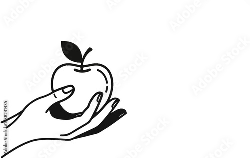 Delicate hand cradles a glossy apple with a single leaf