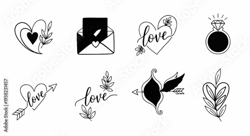 Collection of eight simple line art icons representing love and romance