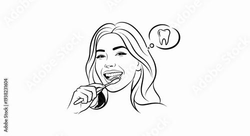 A young woman brushes her teeth, a healthy tooth thought bubble above