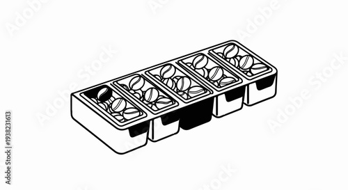 Black and white illustration of an ice cube tray filled with coffee beans