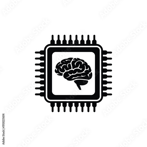 A black silhouette of a microchip containing a human brain image