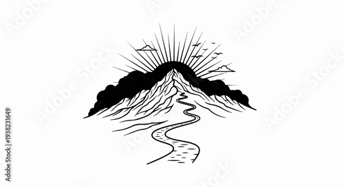 A winding path leads towards a majestic mountain under a sunburst