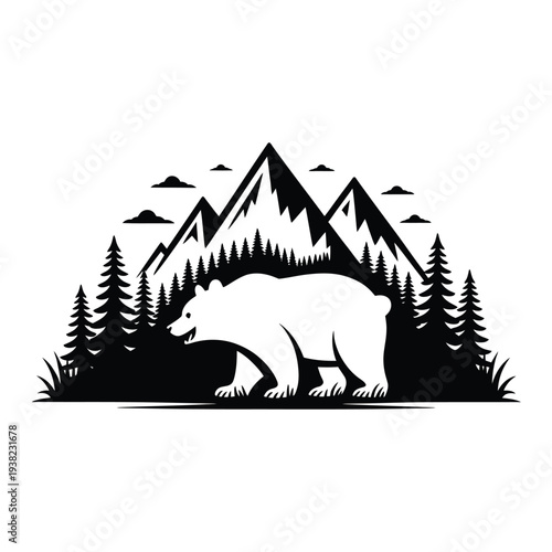 A majestic bear stands before a silhouetted mountain and forest scene