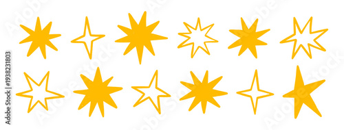 Stars, crayon hand drawn twinkle magic symbols. Shine, spark or light chalk elements. Line art sketch and silhouettes sparkle icons on transparent bg. Doodle gold glitter sparks, vector illustration