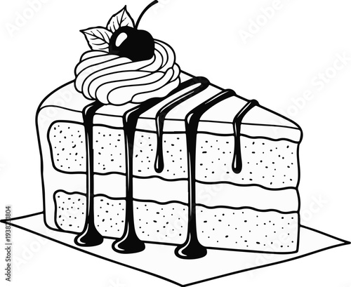 A tempting slice of layered cake, topped with whipped cream, a cherry, and chocolate drizzle