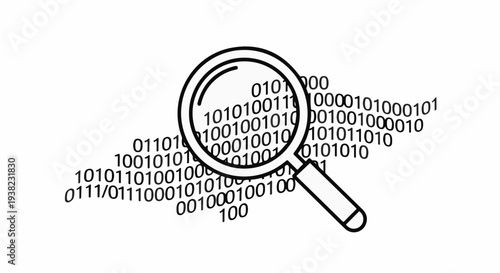 Magnifying glass focusing on digital binary code, representing data analysis