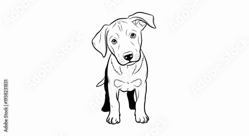 A cute, black and white line drawing of a puppy looking curiously