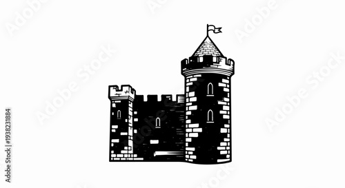 A black and white illustration of a stone castle with a tall tower and flag