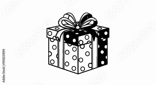 A black and white line drawing of a gift box with polka dots and a bow