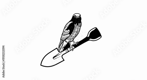 Black and white illustration of a bird of prey perched on a shovel