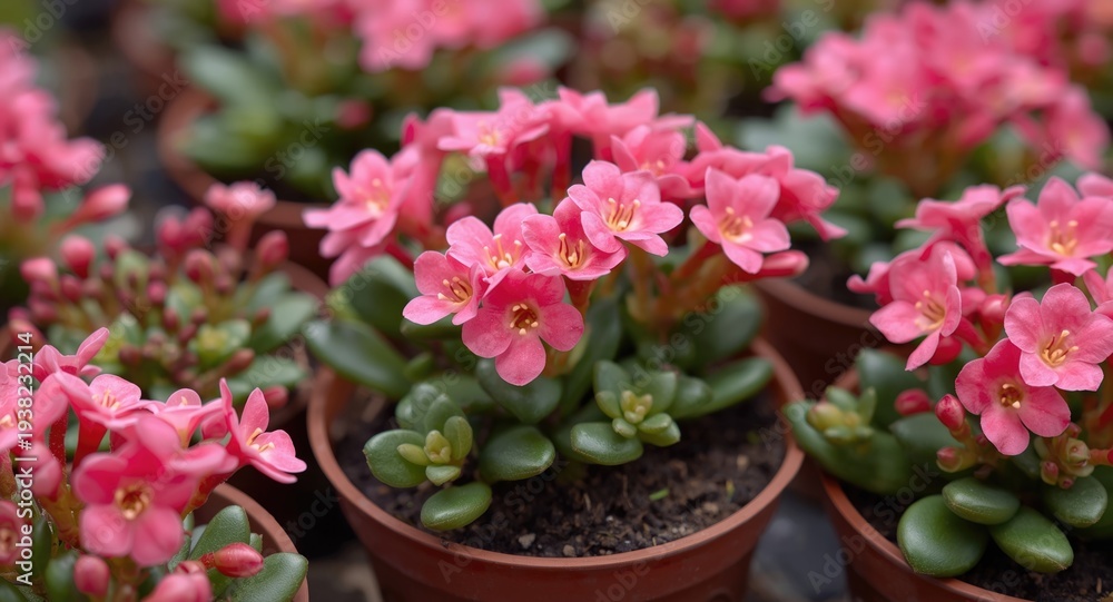 Obraz premium Bright delicate pink kalanchoe succulents flowering in compact pots