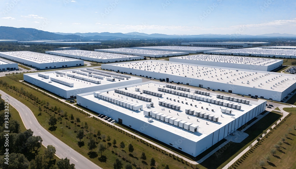Fototapeta premium Aerial view of massive data center campus with white warehouse buildings, HVAC units on rooftops, green landscaping, roads, mountains under blue sky. Modern cloud infrastructure facility.