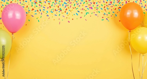 Colorful birthday party frame with balloons and confetti on a bright yellow background for festive announcements