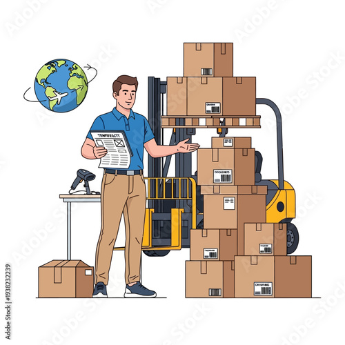 Logistics worker with forklift and boxes, global shipping and delivery concept