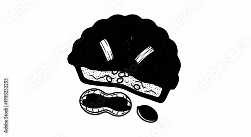 Hand drawn illustration of a peanut butter pie with a peanut shell and peanuts