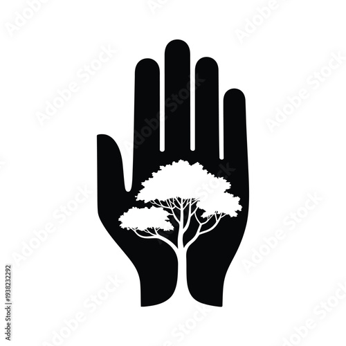 A black hand cradling a miniature tree symbolizing environmental protection