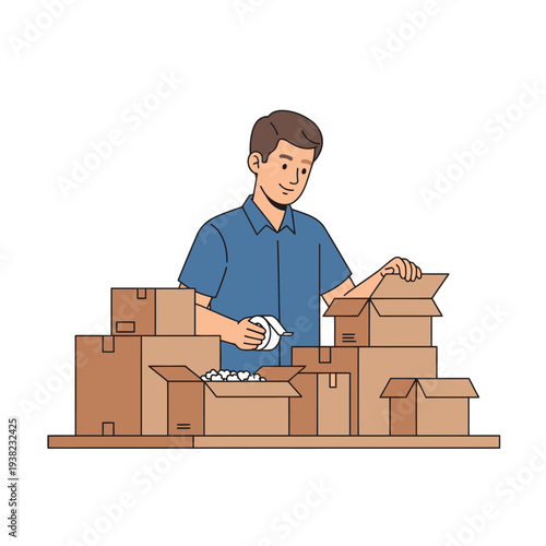 Man packing boxes for shipping, moving, or storage. Small business owner preparing orders.