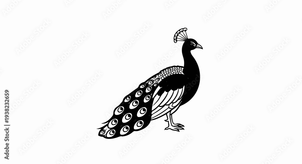 Fototapeta premium Elegant peacock with elaborate tail feathers displayed against white background