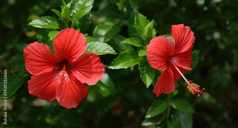 Fototapeta premium Bright red hibiscus blossoms displaying Malvaceae family charm amid a lush green background