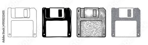 Four floppy diskette vector illustrations depicting different artistic styles of vintage computer data storage devices.