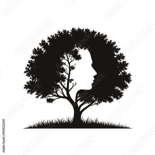 Silhouette of a woman s face formed within the shape of a tree