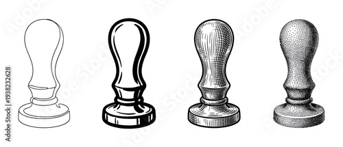 Four distinct wax seal stamps rendered in various artistic styles, showcasing different engraving and stippling techniques.