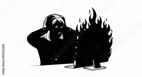 Distressed individual reacts as a computer monitor erupts in flames