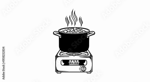 Black and white illustration of a pot of food boiling on a portable stove