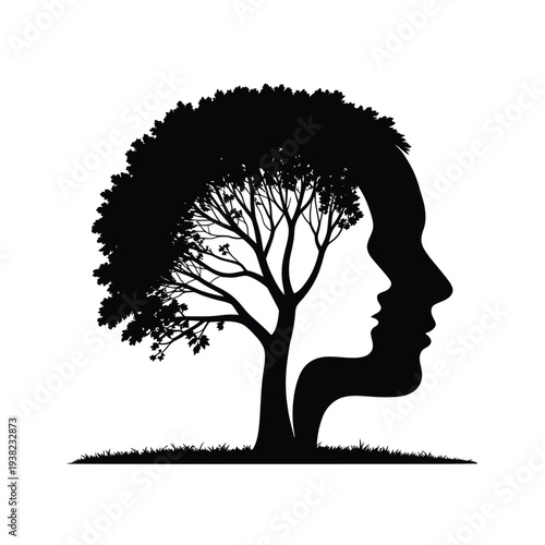 A striking silhouette of a human head blending with a leafy tree