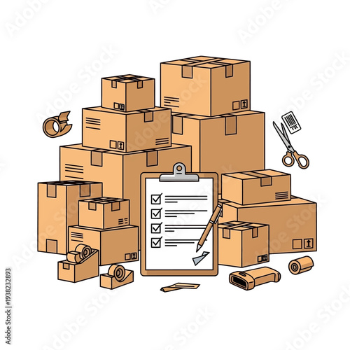 Moving boxes and packing supplies with checklist and pen, logistics and shipping concept